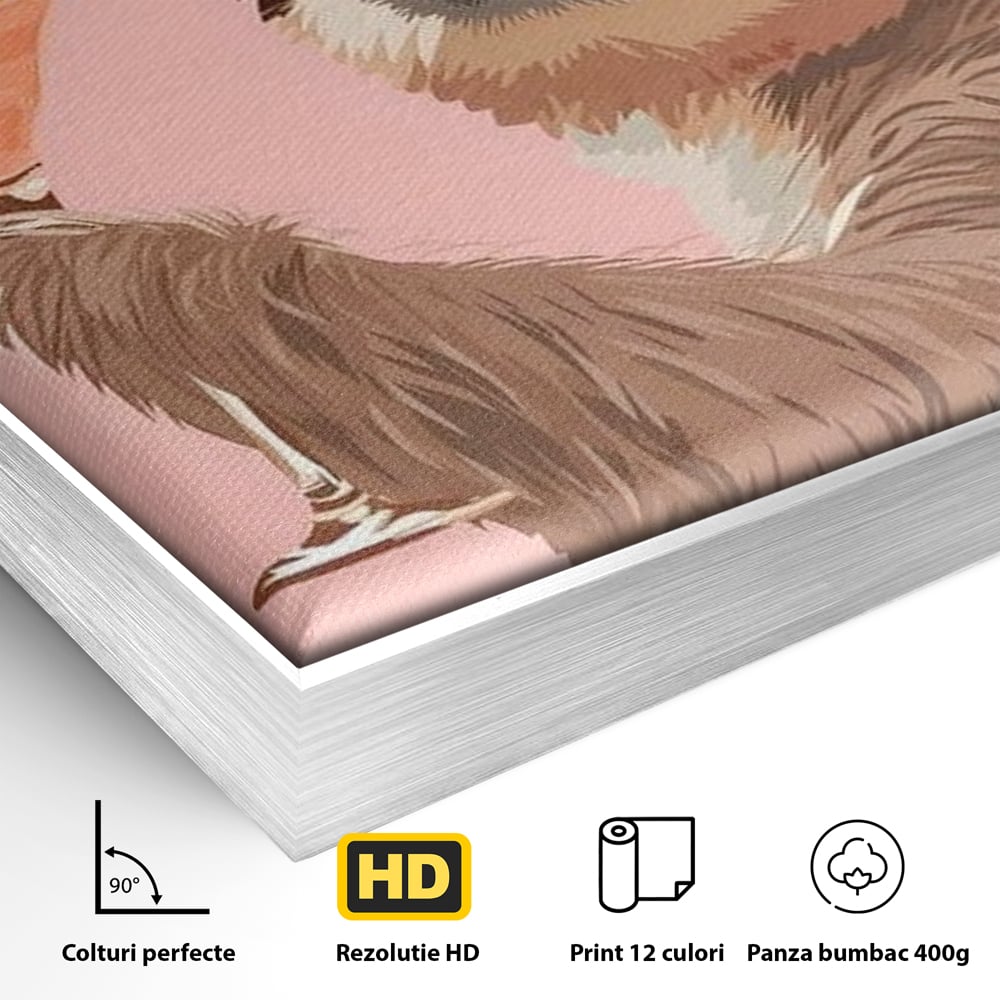 Detaliu al suprafetei: tablou canvas cu lenes tinand cocktail, in rama de aluminiu argintiu