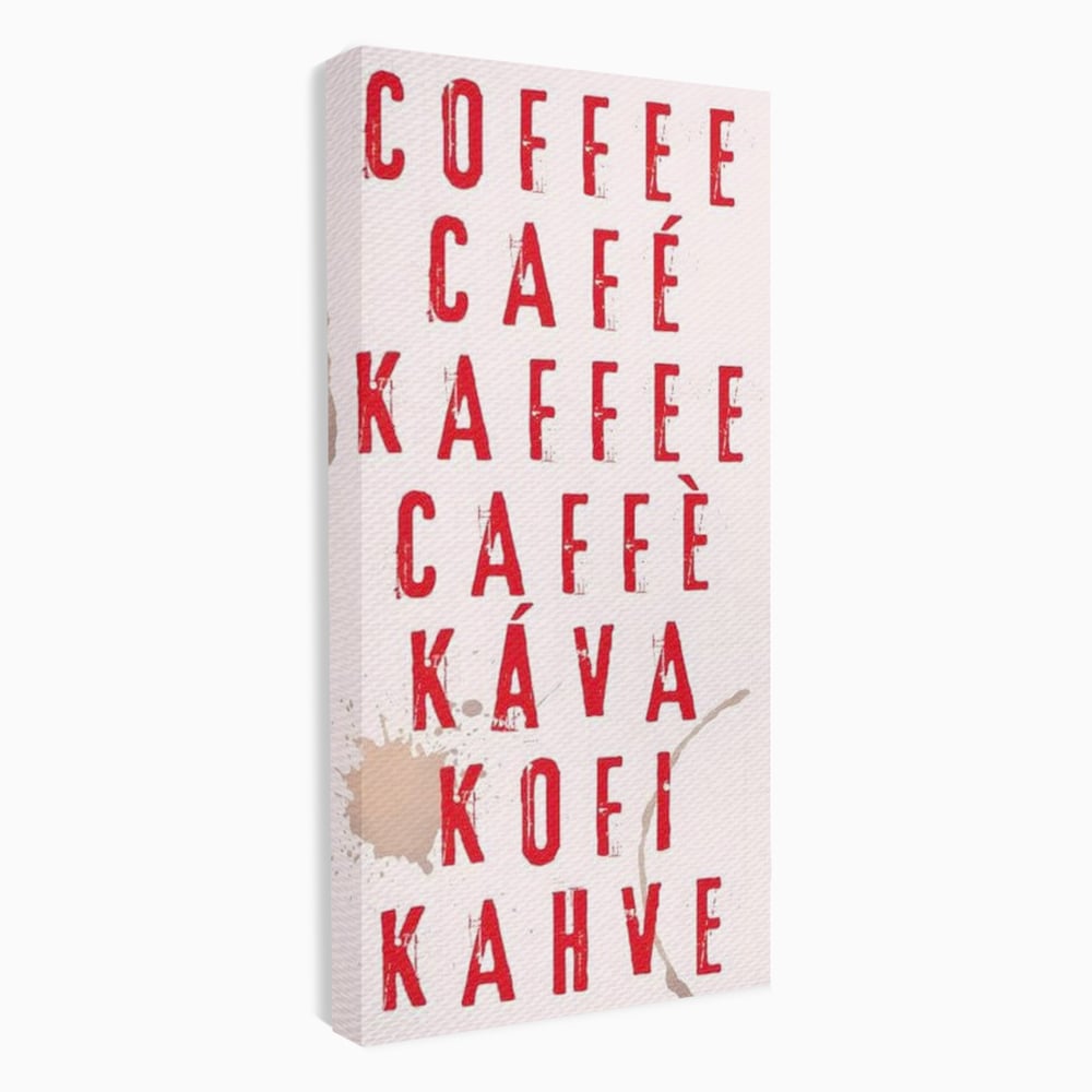 Tablou canvas cu tablou canvas cu tipografie cafea in sapte limbi, fara rama, pe sasiu de lemn