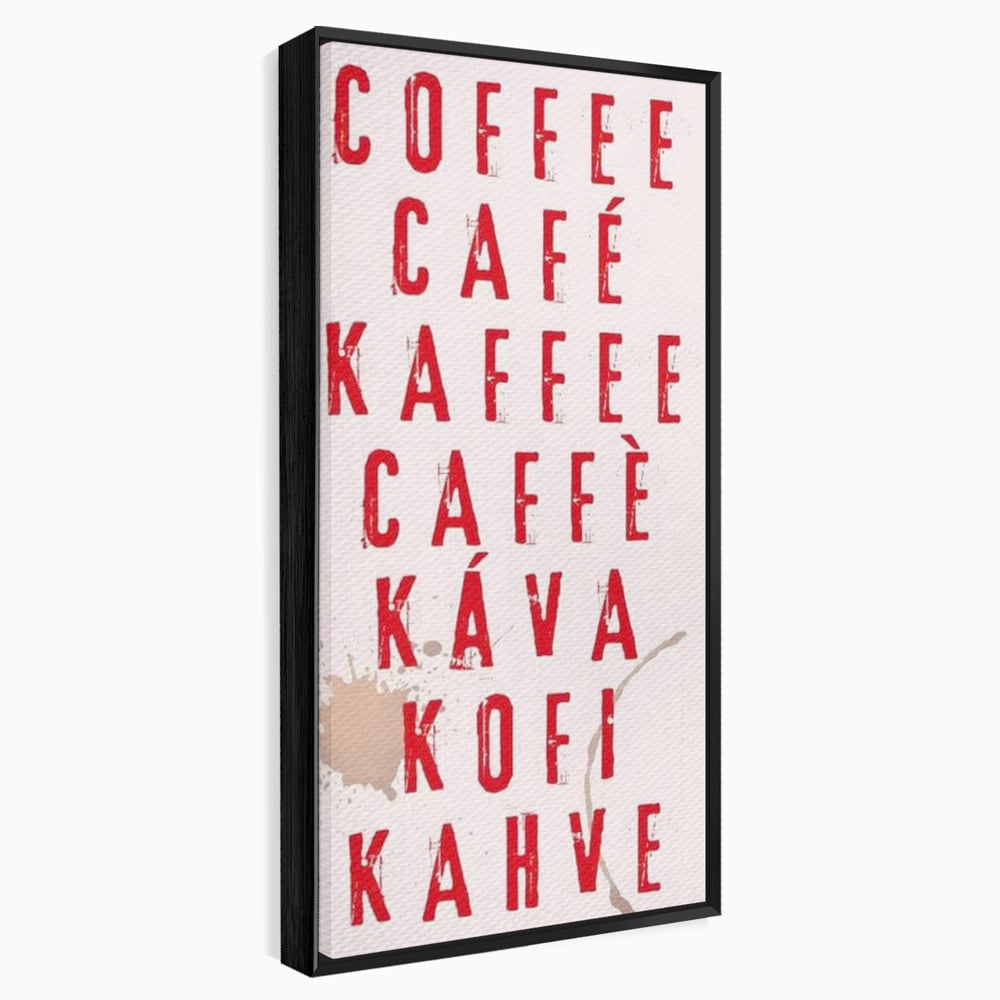 Tablou canvas cu tablou canvas cu tipografie cafea in sapte limbi, in rama de aluminiu negru