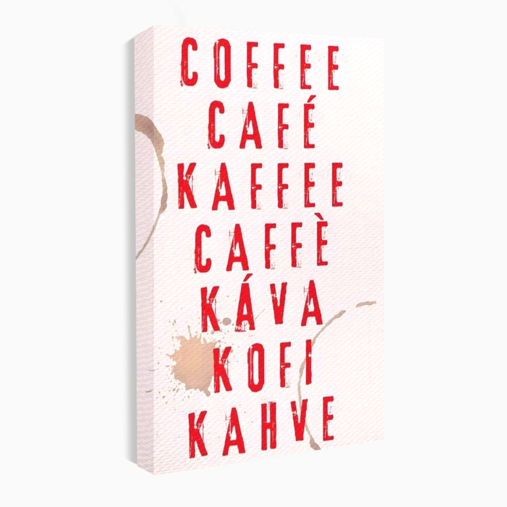 Tablou canvas cu tablou canvas cu tipografie cafea in sapte limbi, fara rama, pe sasiu de lemn