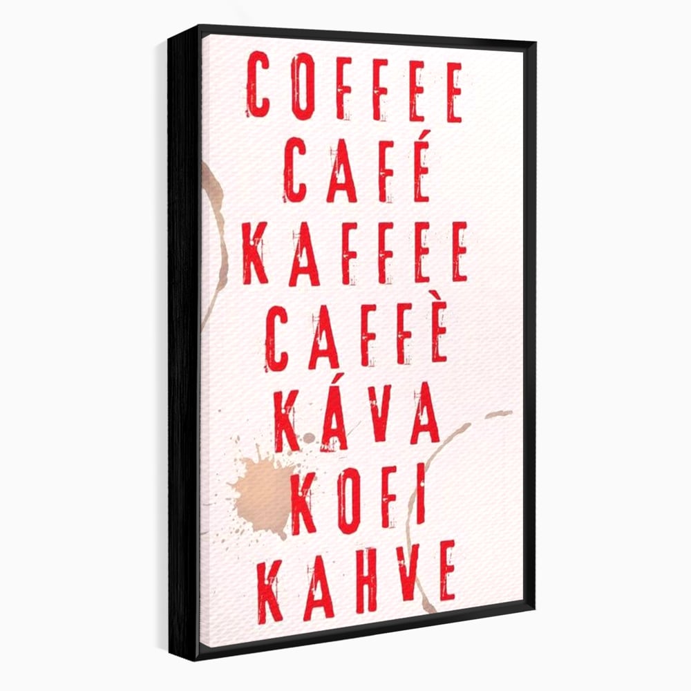 Tablou canvas cu tablou canvas cu tipografie cafea in sapte limbi, in rama de aluminiu negru