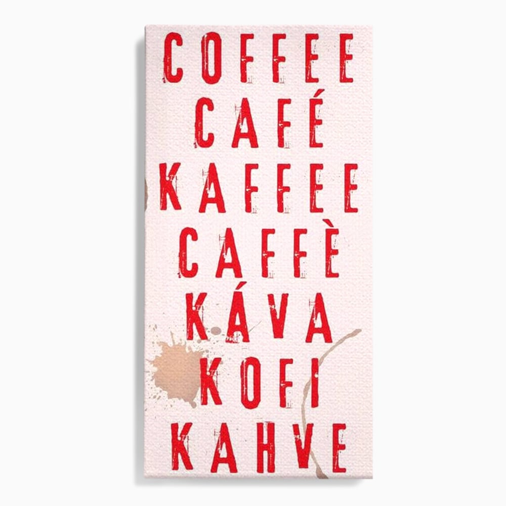 Tablou canvas cu tablou canvas cu tipografie cafea in sapte limbi, fara rama, pe sasiu de lemn