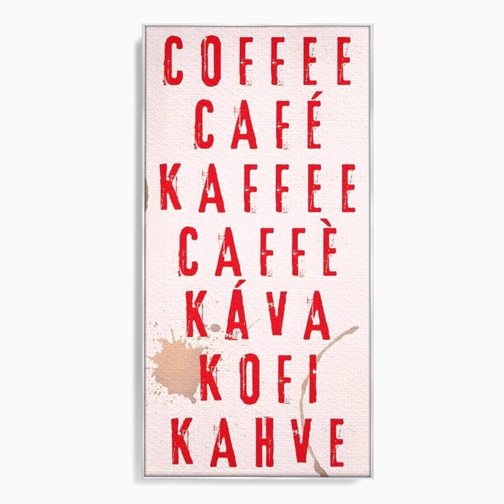 Tablou canvas cu tablou canvas cu tipografie cafea in sapte limbi, in rama de aluminiu argintiu