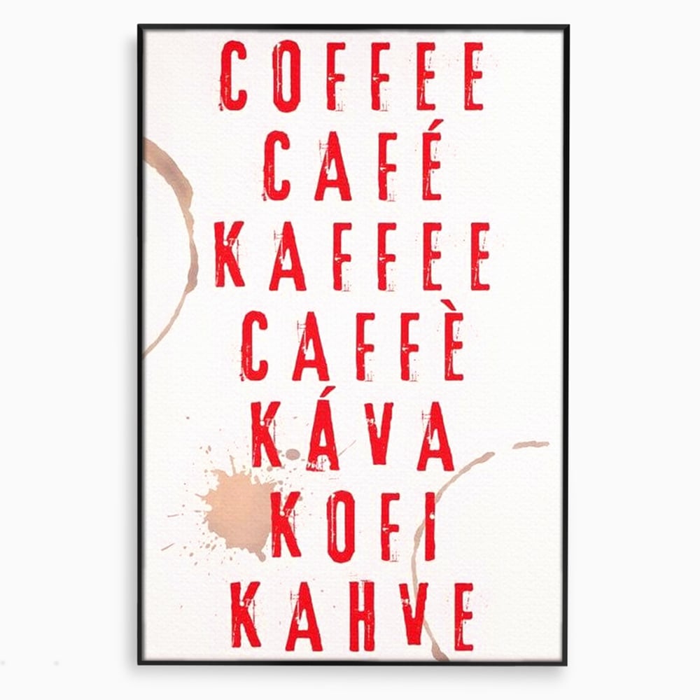 Tablou canvas cu tablou canvas cu tipografie cafea in sapte limbi, in rama de aluminiu negru
