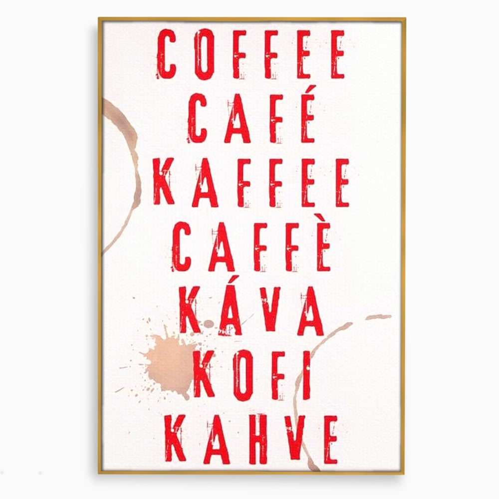 Tablou canvas cu tablou canvas cu tipografie cafea in sapte limbi, in rama de aluminiu auriu