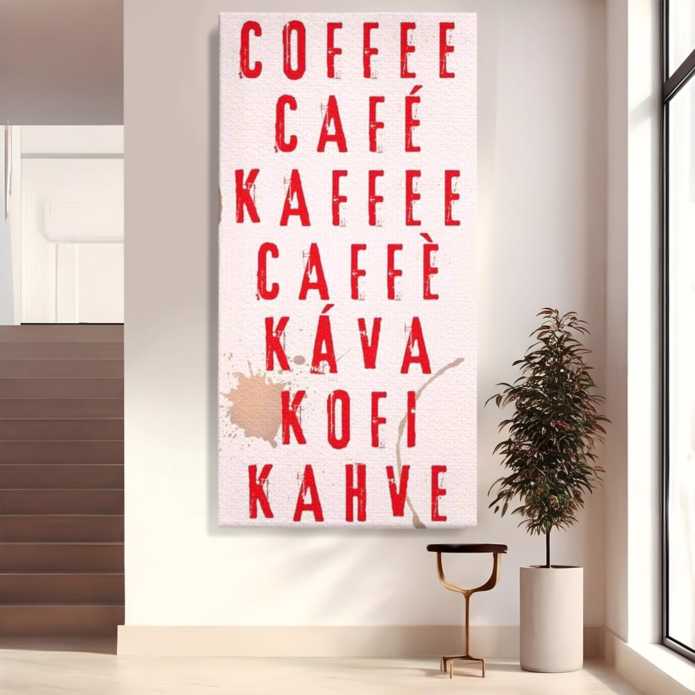 Tablou canvas cu tablou canvas cu tipografie cafea in sapte limbi, fara rama, pe sasiu de lemn