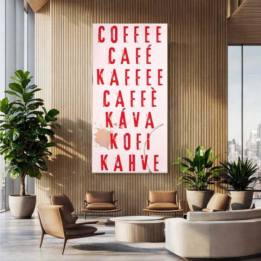 Tablou canvas cu tablou canvas cu tipografie cafea in sapte limbi, fara rama, pe sasiu de lemn, pe perete intr-un birou