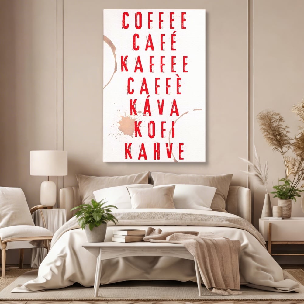 Tablou canvas cu tablou canvas cu tipografie cafea in sapte limbi, fara rama, pe sasiu de lemn, pe perete intr-un dormitor