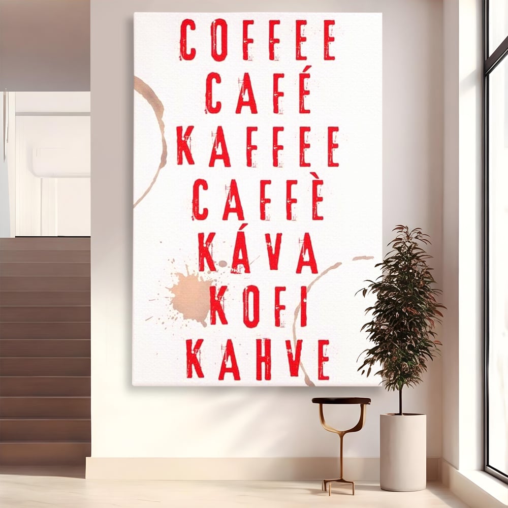 Tablou canvas cu tablou canvas cu tipografie cafea in sapte limbi, fara rama, pe sasiu de lemn