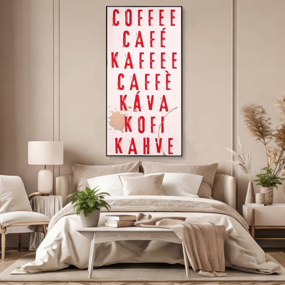 Tablou canvas cu tablou canvas cu tipografie cafea in sapte limbi, in rama de aluminiu negru, pe perete intr-un dormitor