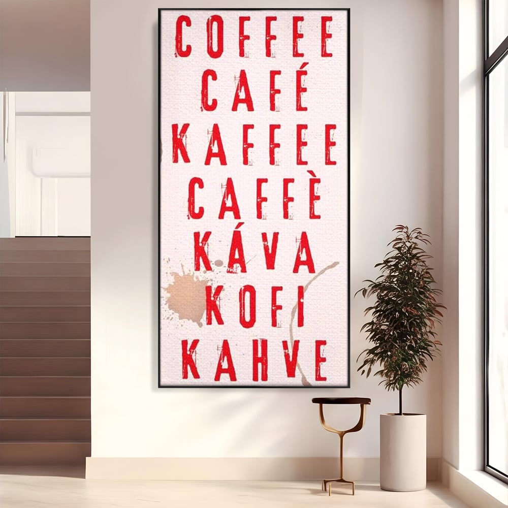 Tablou canvas cu tablou canvas cu tipografie cafea in sapte limbi, in rama de aluminiu negru