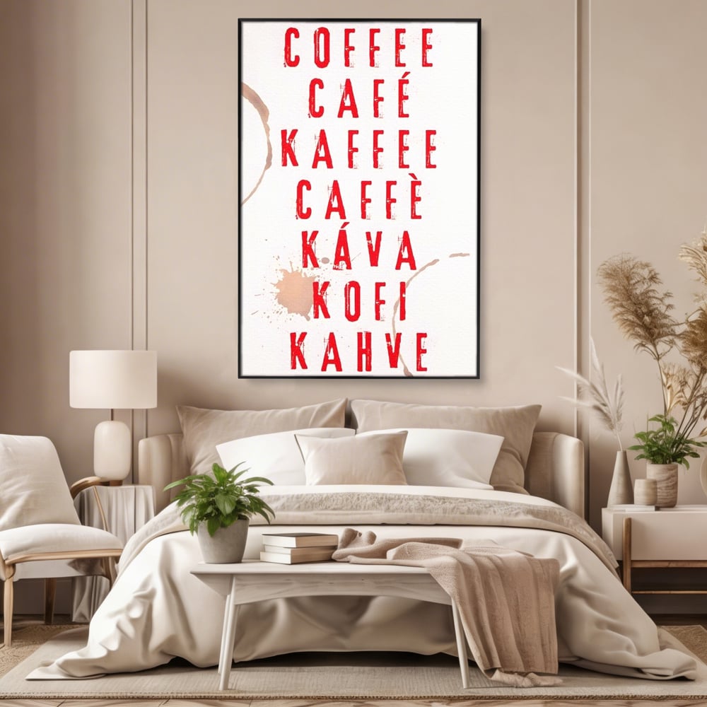 Tablou canvas cu tablou canvas cu tipografie cafea in sapte limbi, in rama de aluminiu negru, pe perete intr-un dormitor