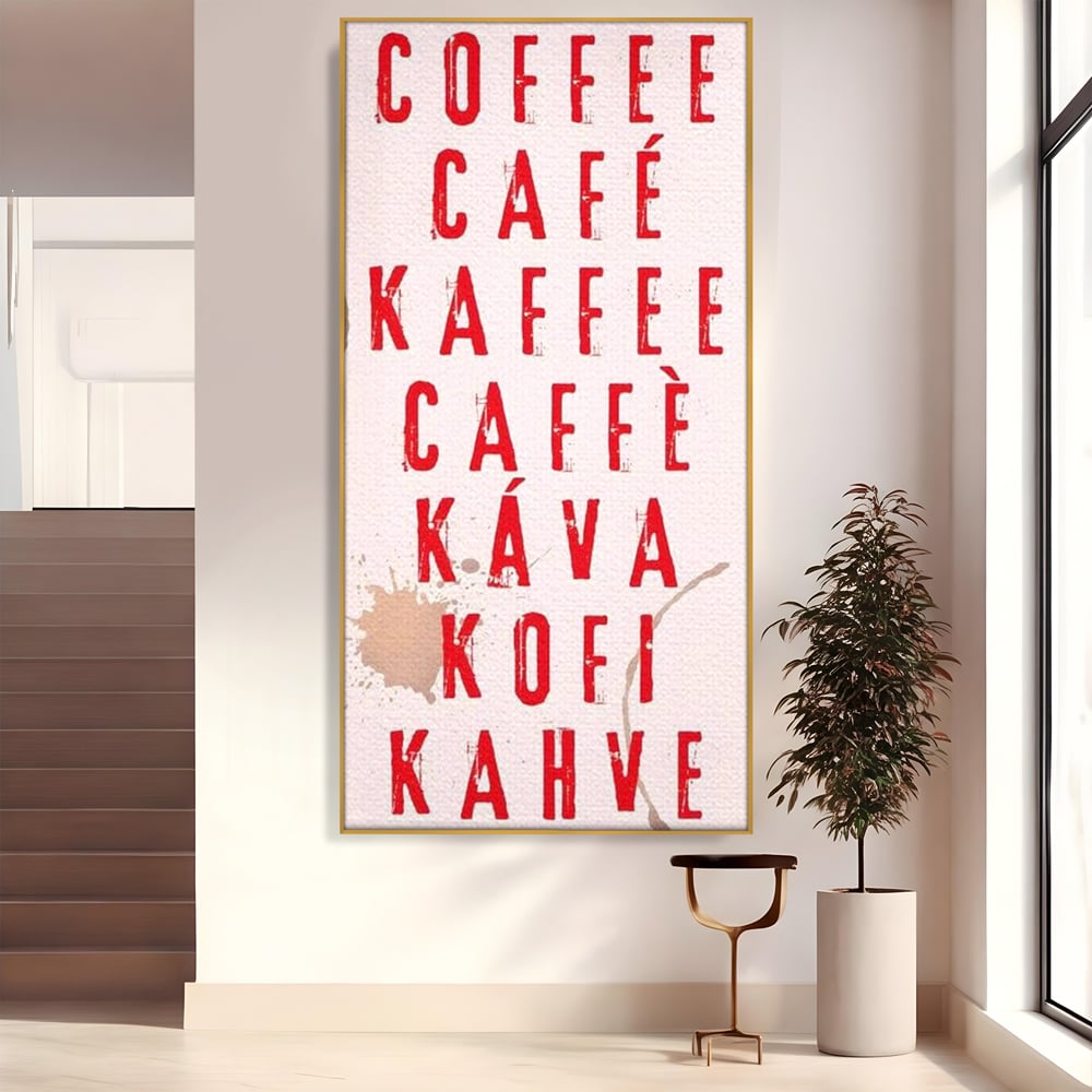 Tablou canvas cu tablou canvas cu tipografie cafea in sapte limbi, in rama de aluminiu auriu