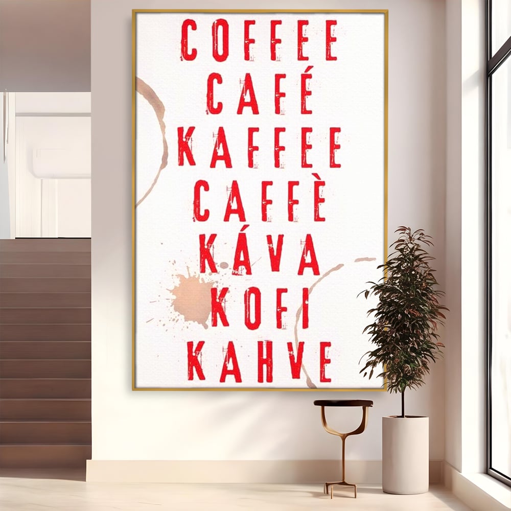 Tablou canvas cu tablou canvas cu tipografie cafea in sapte limbi, in rama de aluminiu auriu