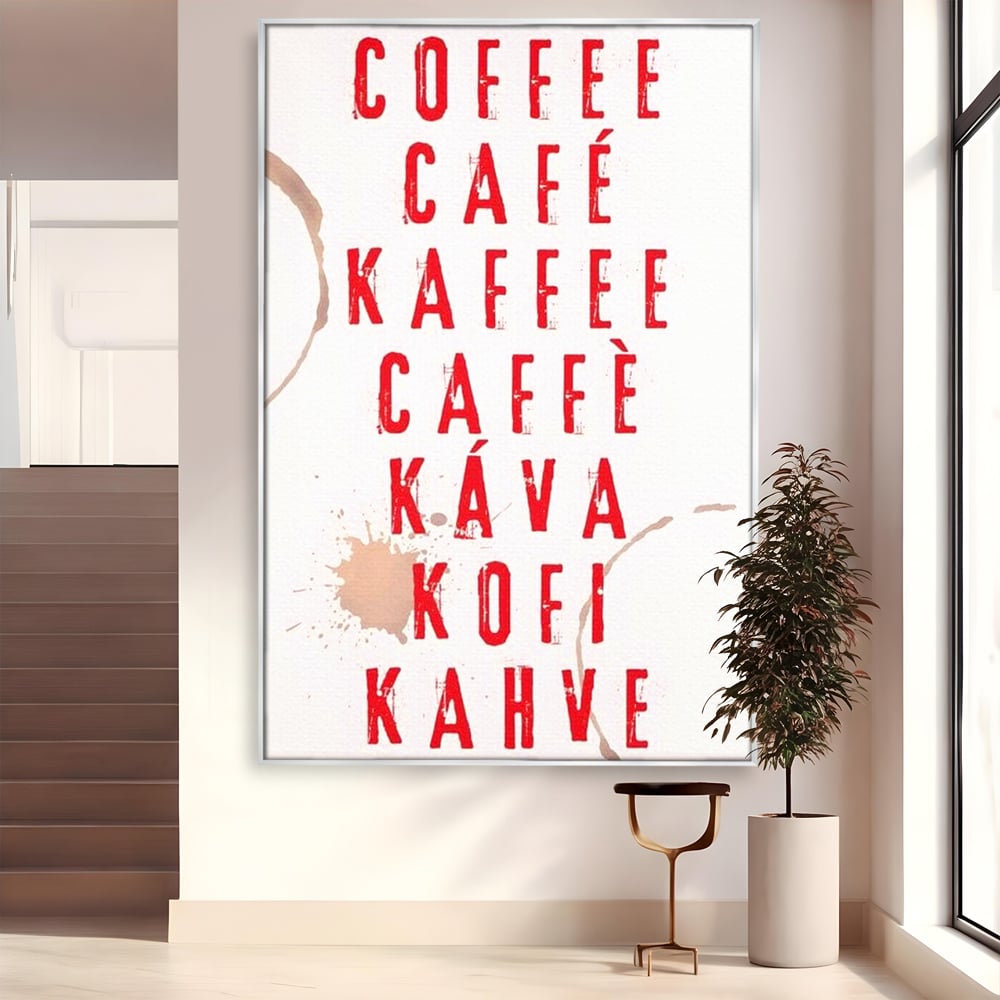 Tablou canvas cu tablou canvas cu tipografie cafea in sapte limbi, in rama de aluminiu argintiu
