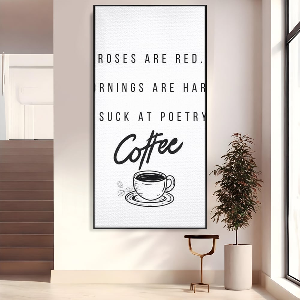 Tablou canvas cu tablou canvas cu text humoristic despre cafea, in rama de aluminiu negru
