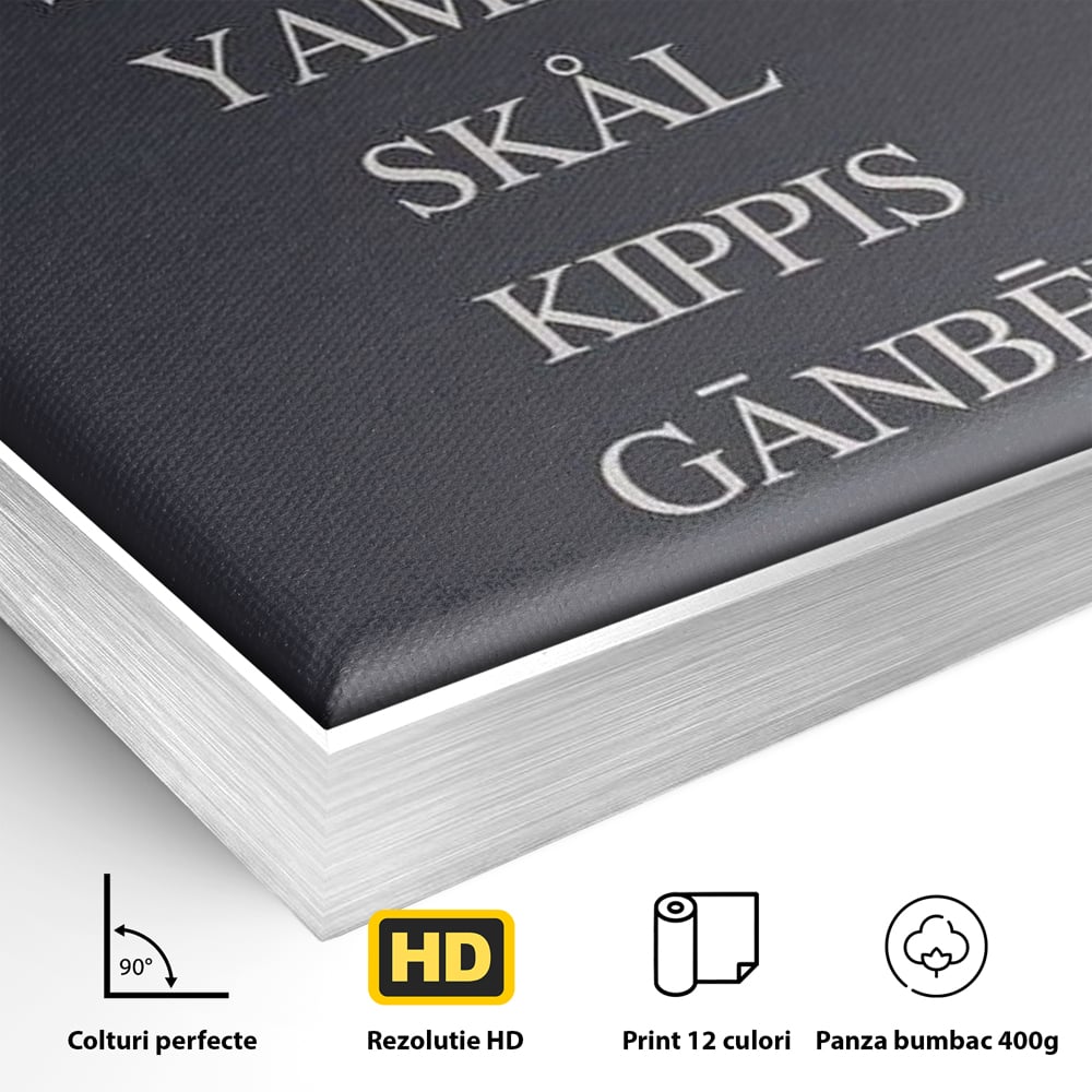 Detaliu al suprafetei: tablou canvas tipografie cu urari de noroc, in rama de aluminiu argintiu