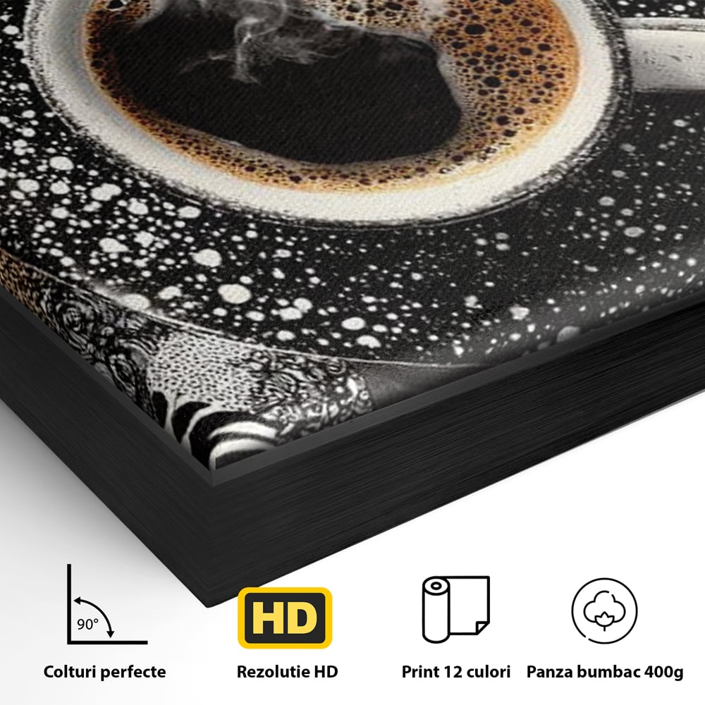 Detaliu al suprafetei: tablou canvas cu ceasca de cafea si imprimeuri animale, in rama de aluminiu negru