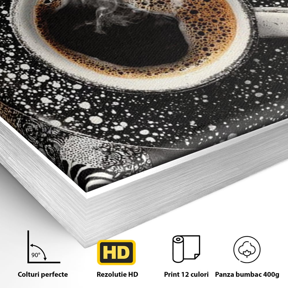 Detaliu al suprafetei: tablou canvas cu ceasca de cafea si imprimeuri animale, in rama de aluminiu argintiu