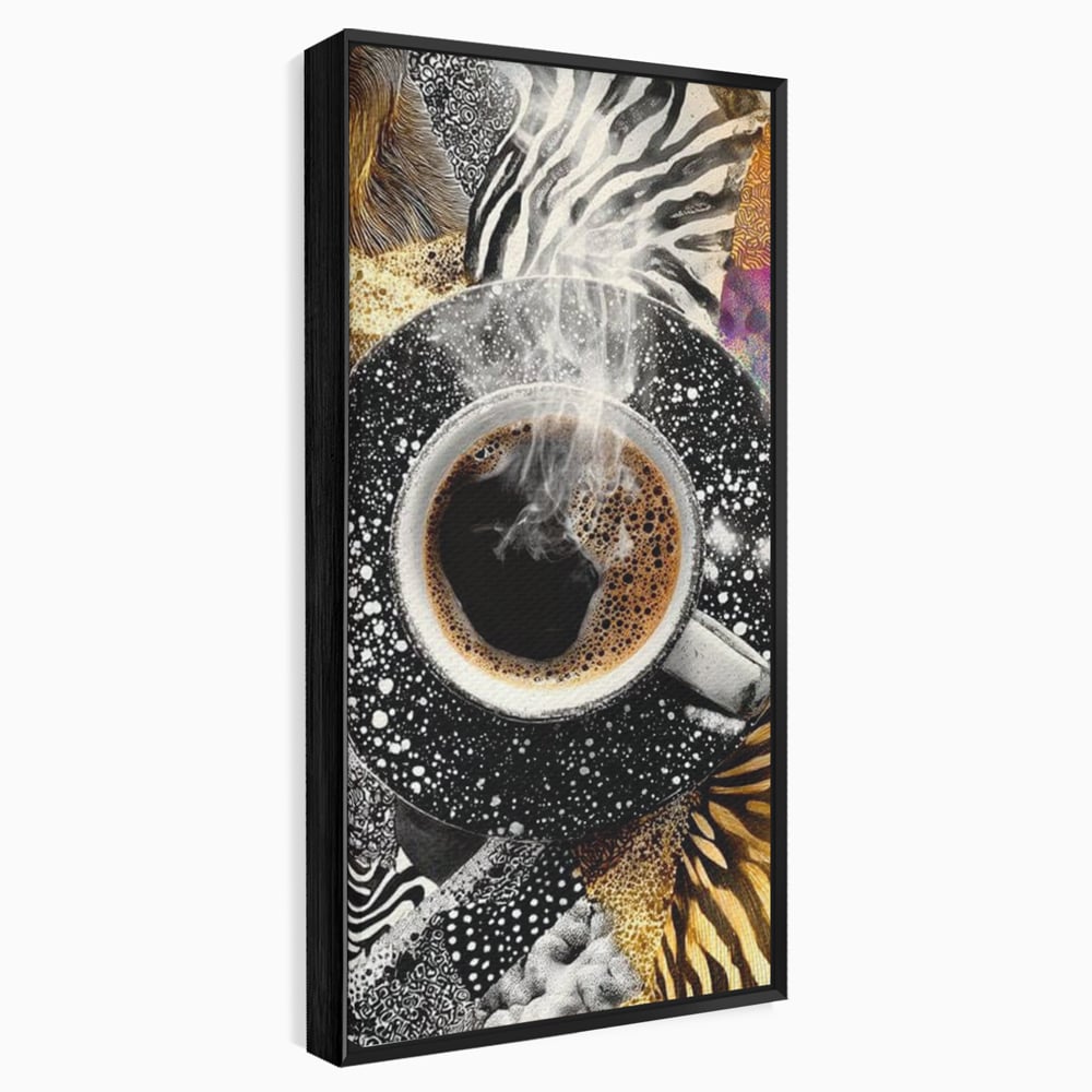Tablou canvas cu tablou canvas cu ceasca de cafea si imprimeuri animale, in rama de aluminiu negru