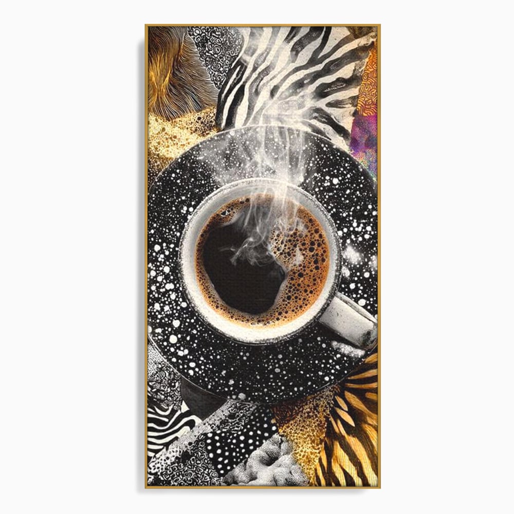 Tablou canvas cu tablou canvas cu ceasca de cafea si imprimeuri animale, in rama de aluminiu auriu