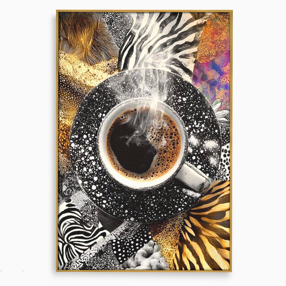 Tablou canvas cu tablou canvas cu ceasca de cafea si imprimeuri animale, in rama de aluminiu auriu