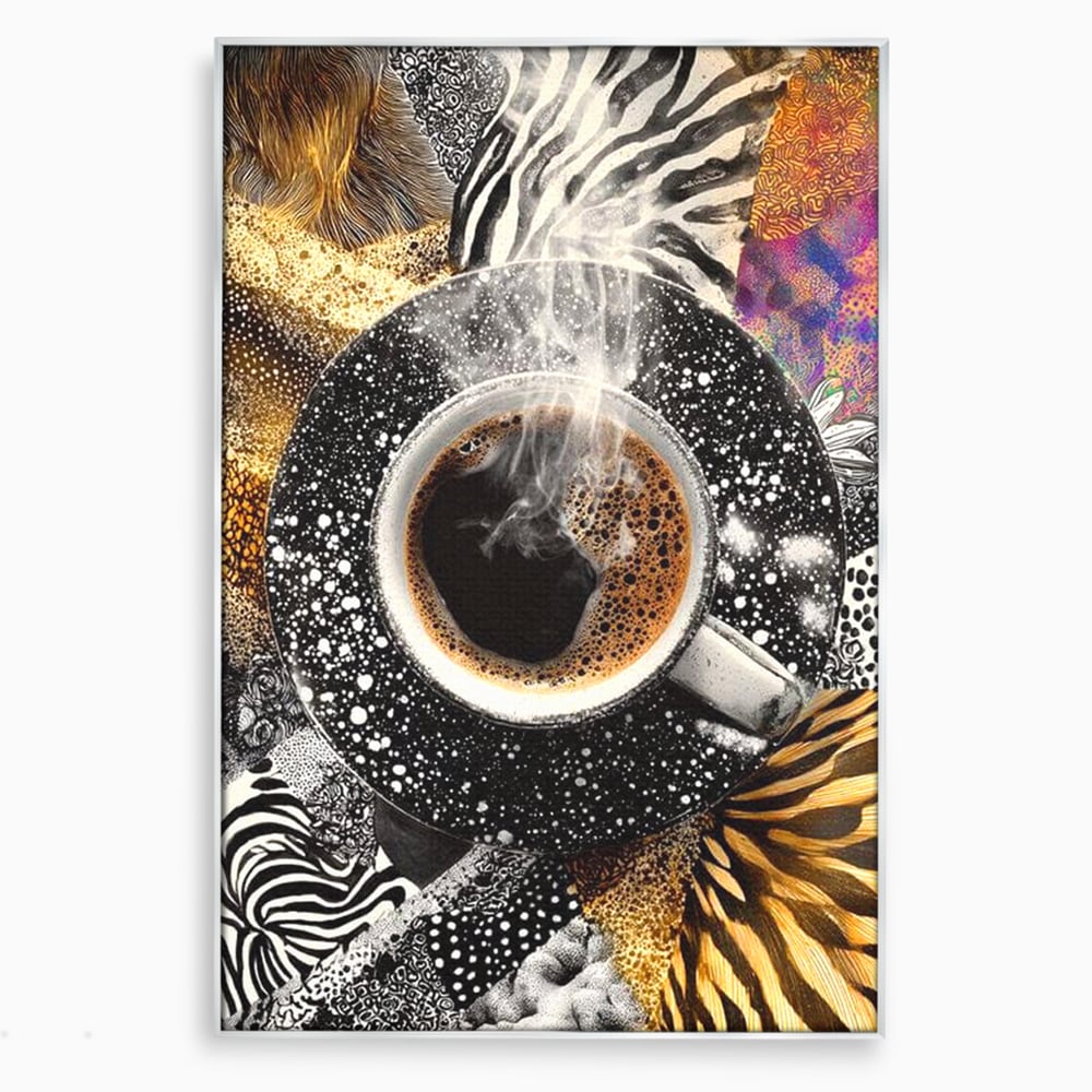 Tablou canvas cu tablou canvas cu ceasca de cafea si imprimeuri animale, in rama de aluminiu argintiu