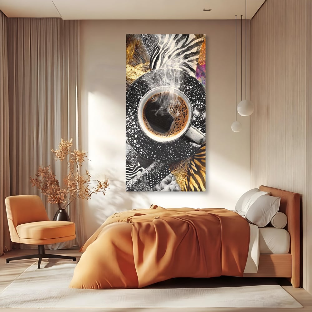 Tablou canvas cu tablou canvas cu ceasca de cafea si imprimeuri animale, fara rama, pe sasiu de lemn, pe perete intr-un dormitor