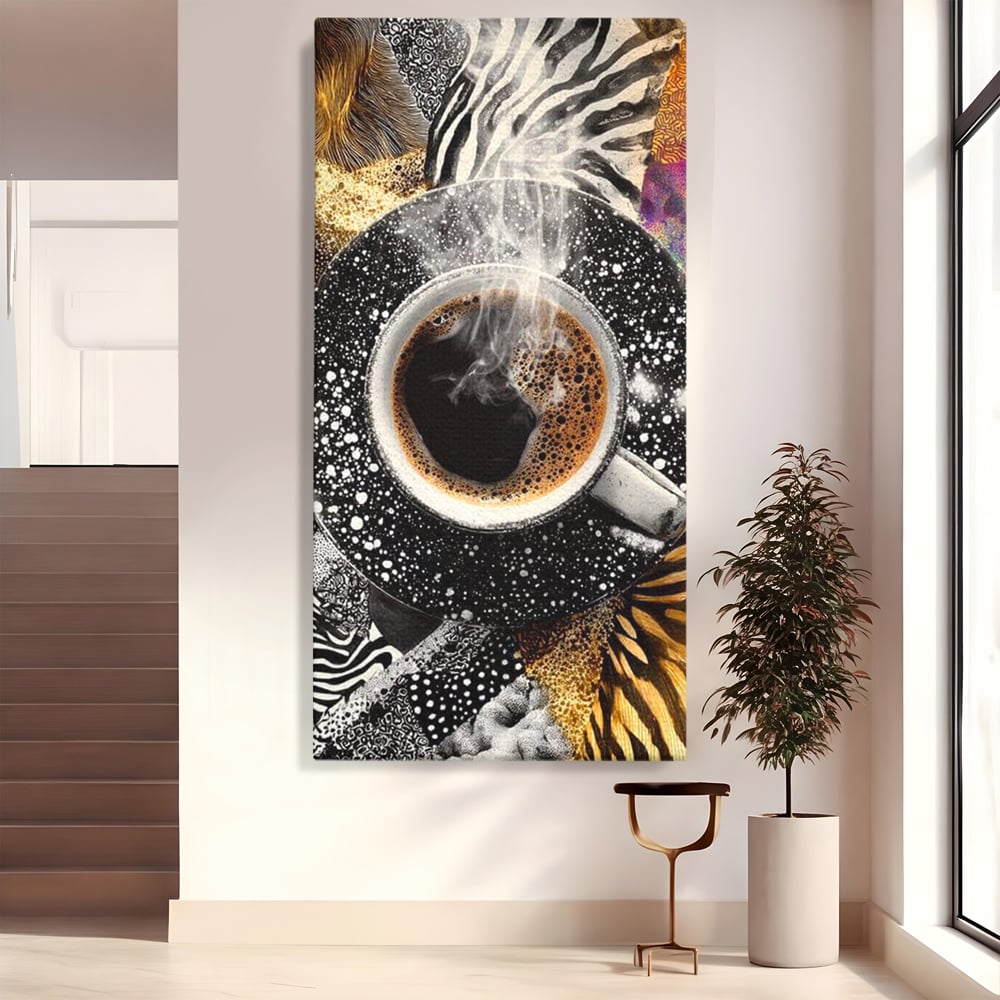 Tablou canvas cu tablou canvas cu ceasca de cafea si imprimeuri animale, fara rama, pe sasiu de lemn