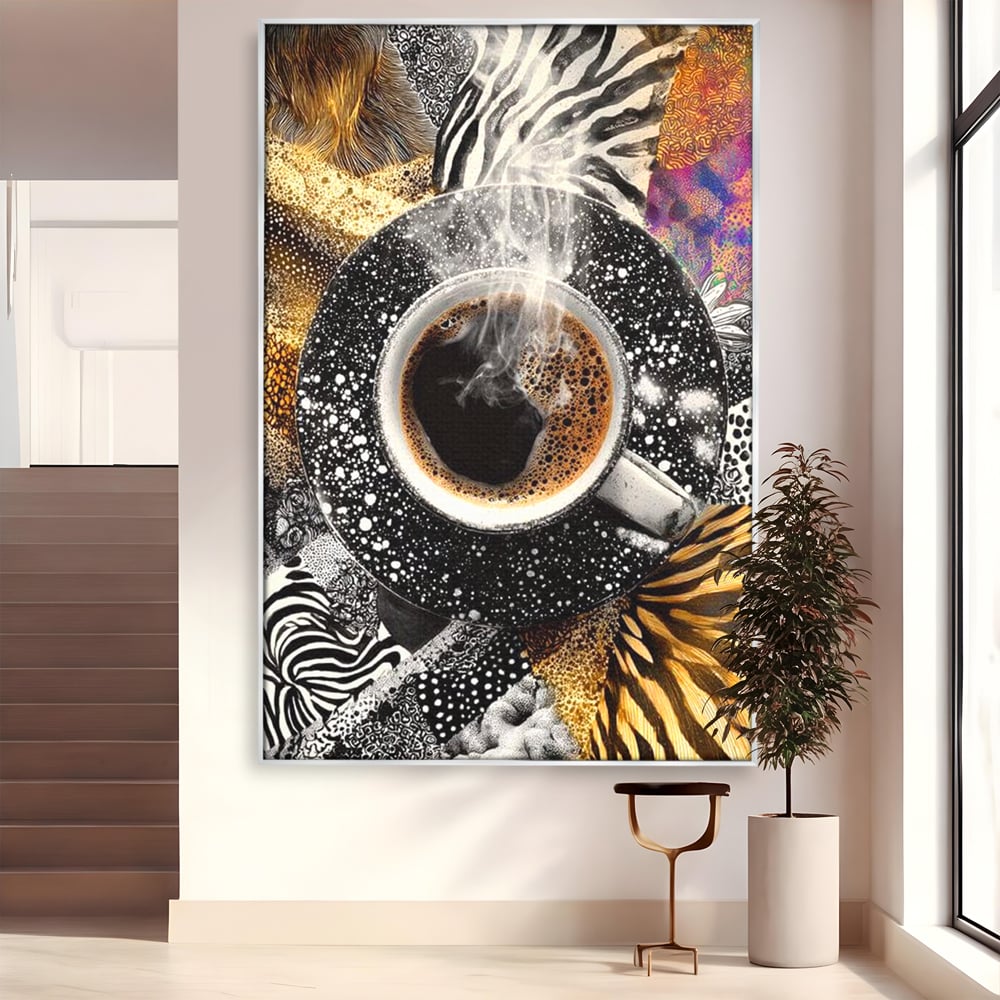 Tablou canvas cu tablou canvas cu ceasca de cafea si imprimeuri animale, in rama de aluminiu argintiu