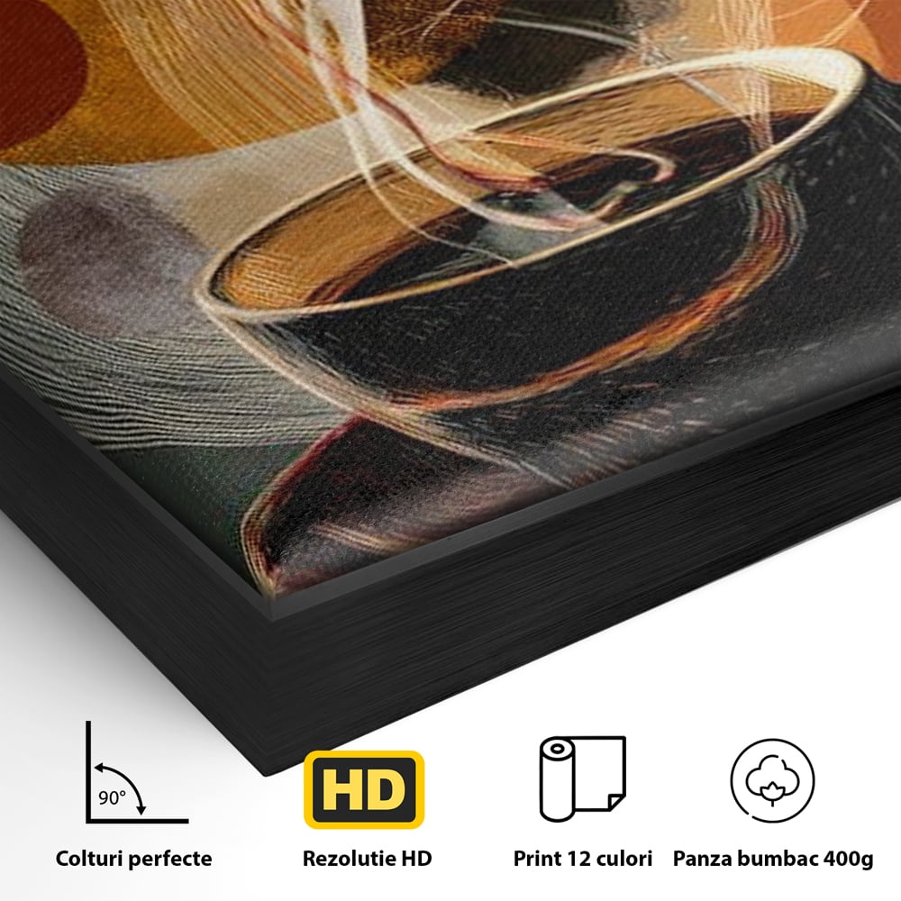 Detaliu al suprafetei: tablou canvas cu ceasca de cafea, in rama de aluminiu negru