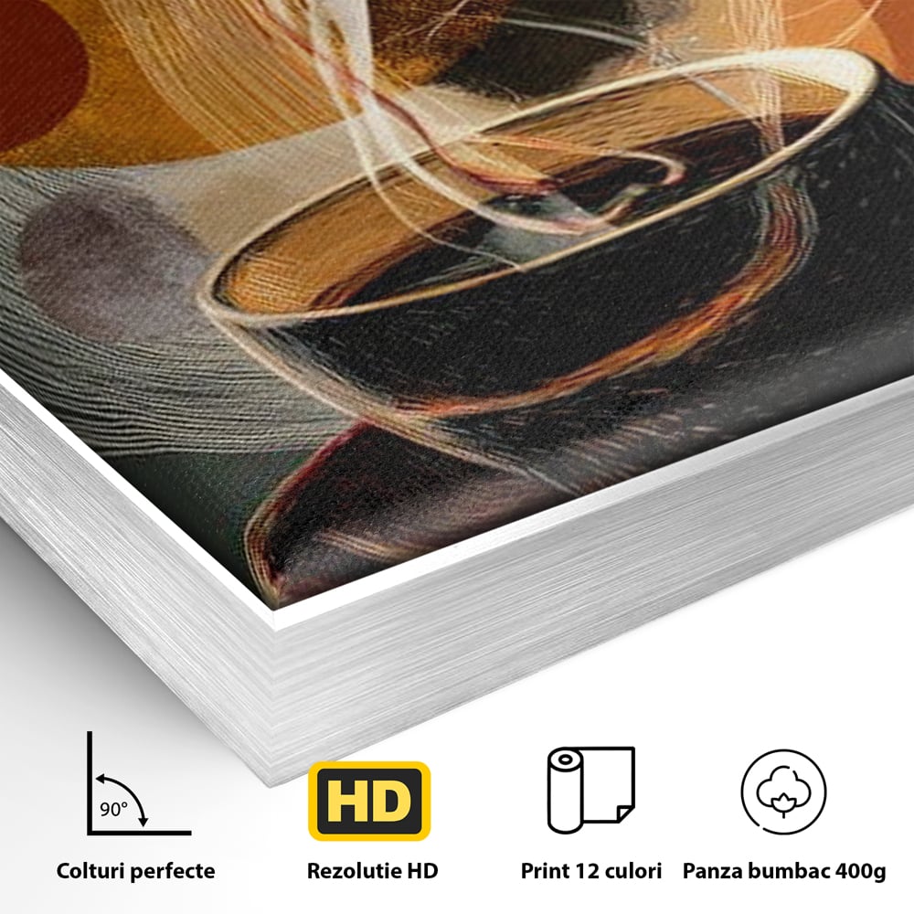Detaliu al suprafetei: tablou canvas cu ceasca de cafea, in rama de aluminiu argintiu