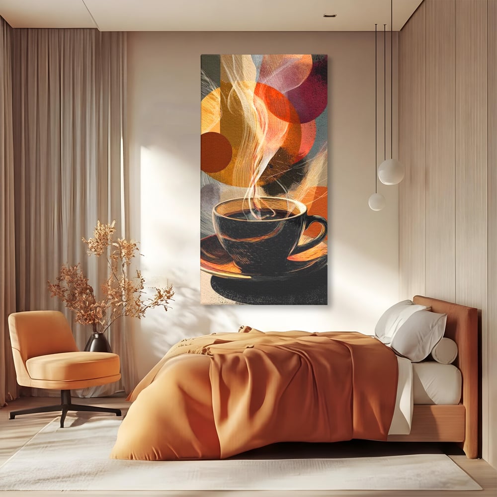 Tablou canvas cu tablou canvas cu ceasca de cafea, fara rama, pe sasiu de lemn, pe perete intr-un dormitor