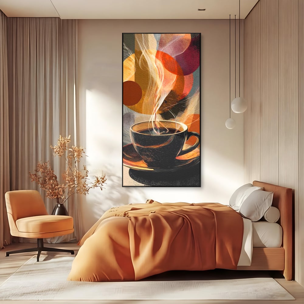 Tablou canvas cu tablou canvas cu ceasca de cafea, in rama de aluminiu negru, pe perete intr-un dormitor
