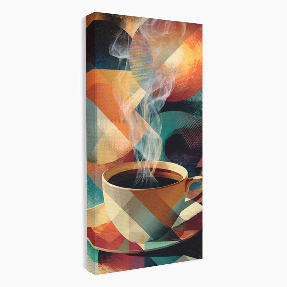 Tablou canvas cu ilustratie abstracta cu ceasca de cafea, fara rama, pe sasiu de lemn
