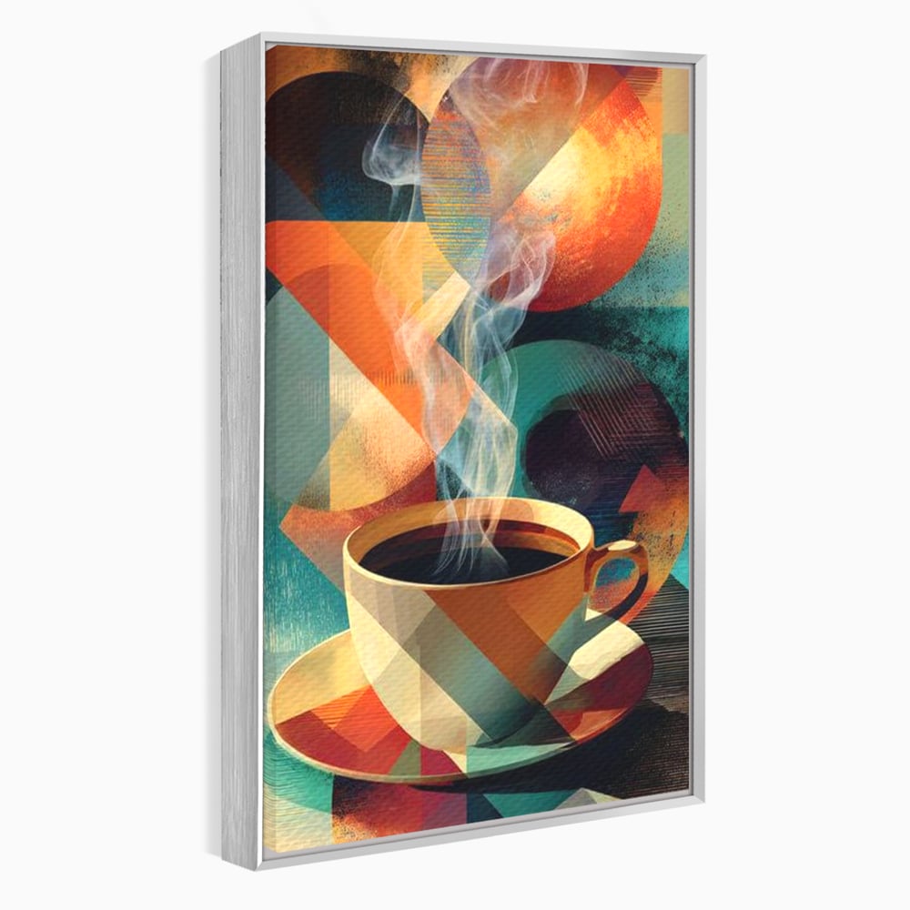 Tablou canvas cu ilustratie abstracta cu ceasca de cafea, in rama de aluminiu argintiu