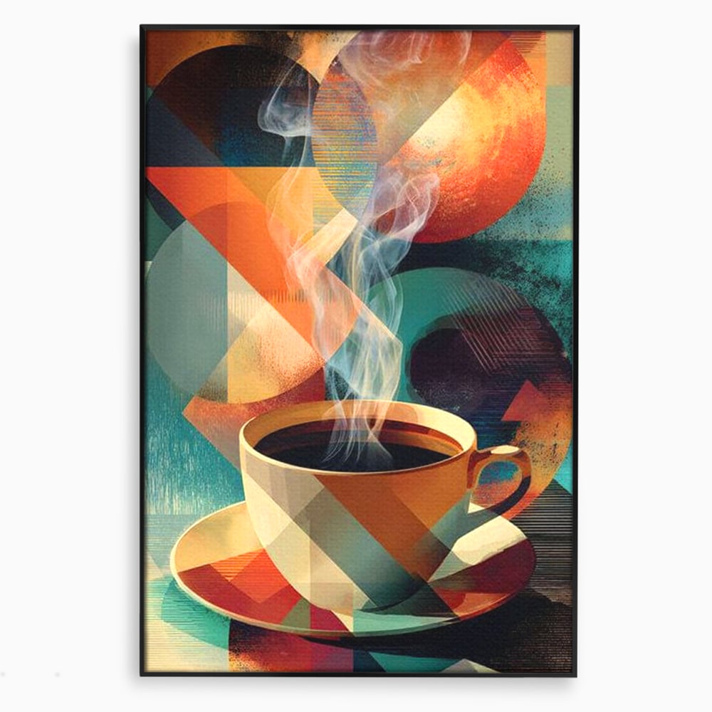 Tablou canvas cu ilustratie abstracta cu ceasca de cafea, in rama de aluminiu negru