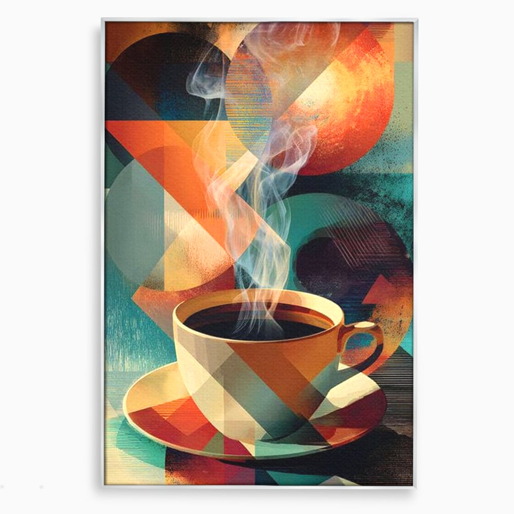 Tablou canvas cu ilustratie abstracta cu ceasca de cafea, in rama de aluminiu argintiu
