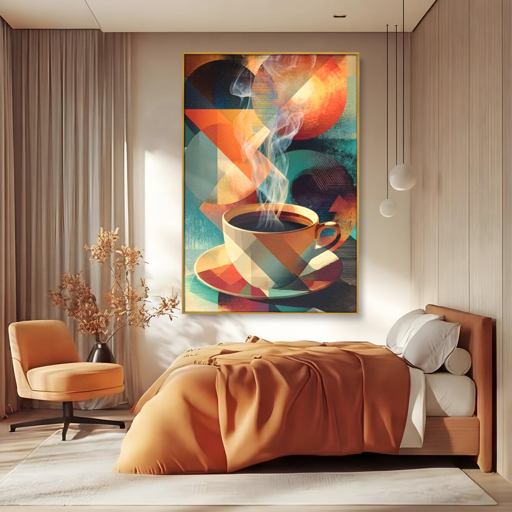 Tablou canvas cu ilustratie abstracta cu ceasca de cafea, in rama de aluminiu auriu, pe perete intr-un dormitor