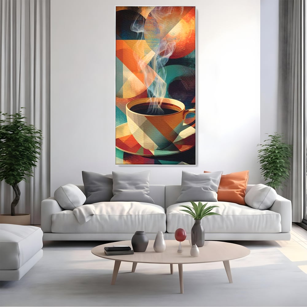 Tablou canvas cu ilustratie abstracta cu ceasca de cafea, in rama de aluminiu argintiu, pe perete intr-un living