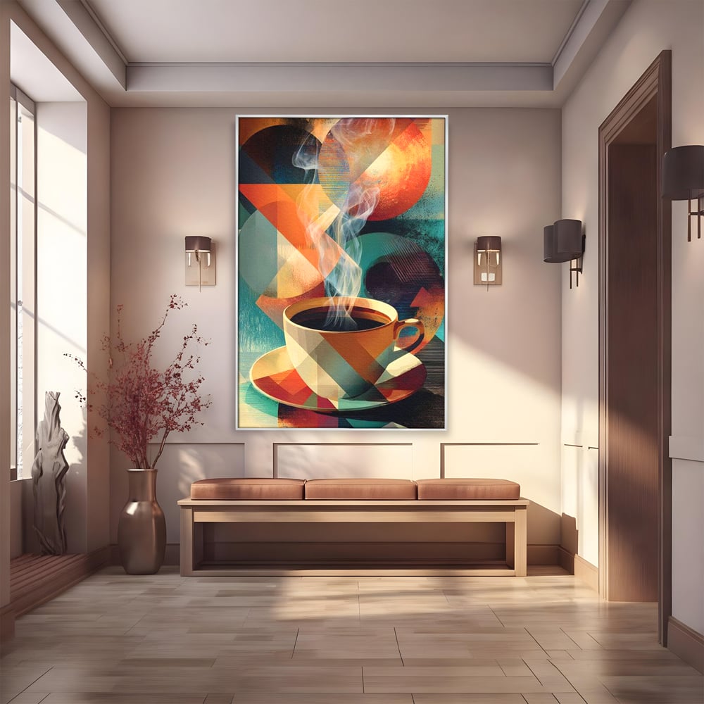Tablou canvas cu ilustratie abstracta cu ceasca de cafea, in rama de aluminiu argintiu