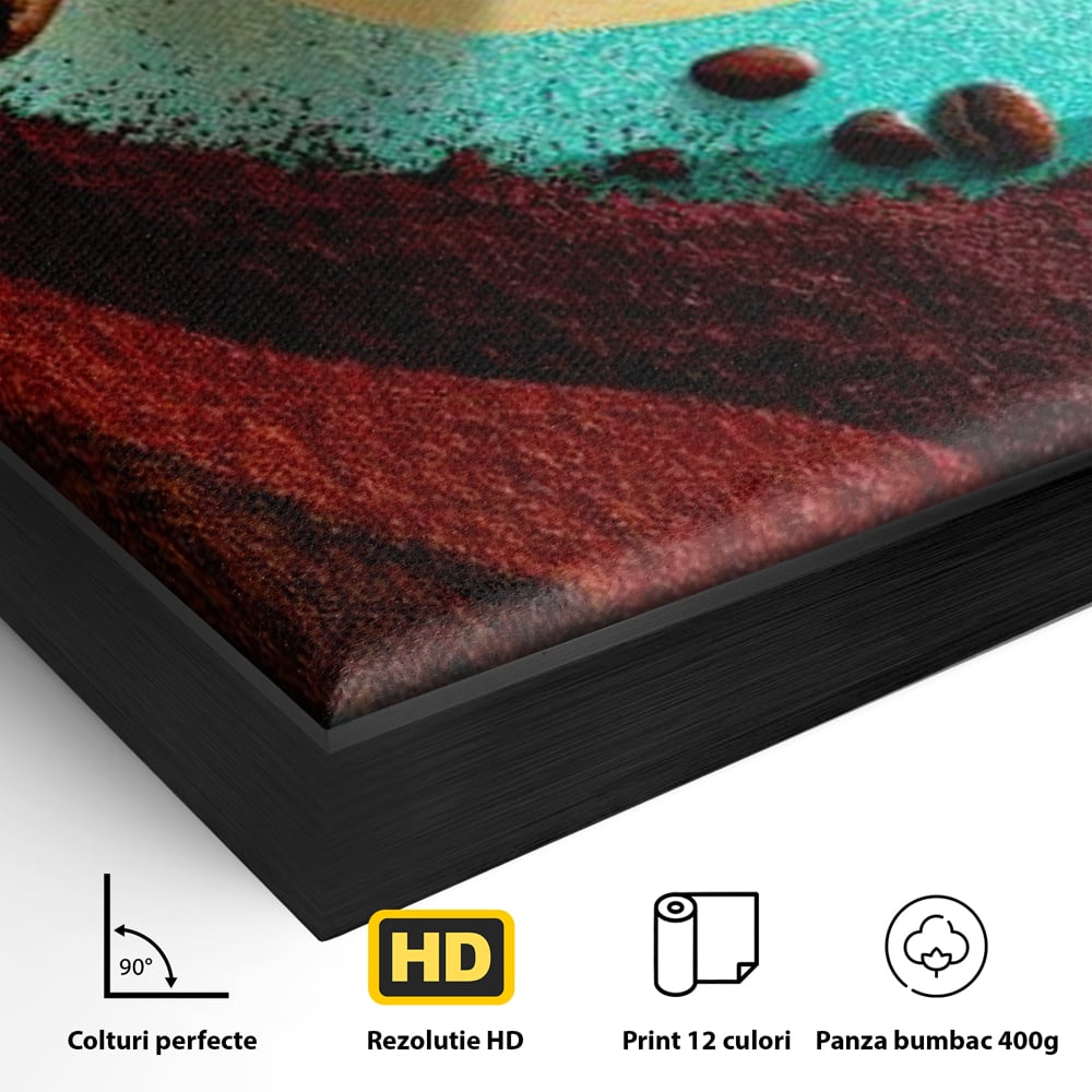 Detaliu al suprafetei: tablou abstract cu boabe de cafea, in rama de aluminiu negru