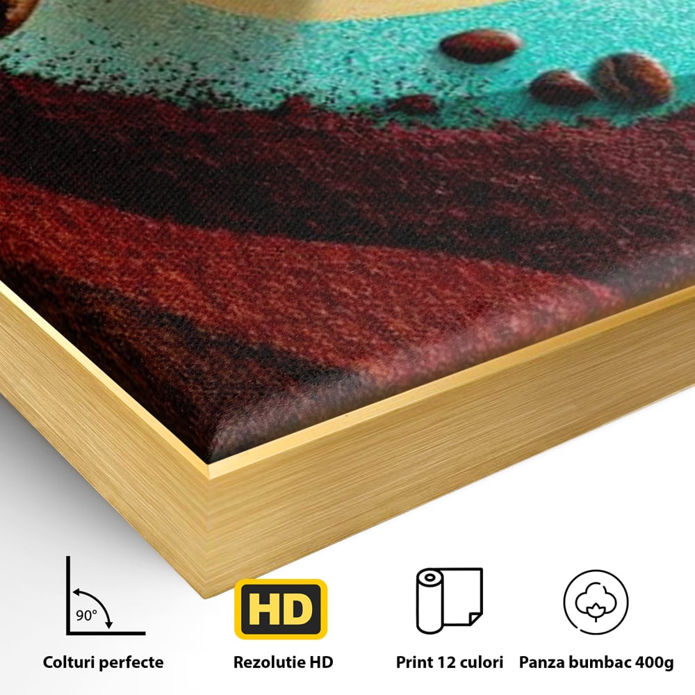 Detaliu al suprafetei: tablou abstract cu boabe de cafea, in rama de aluminiu auriu