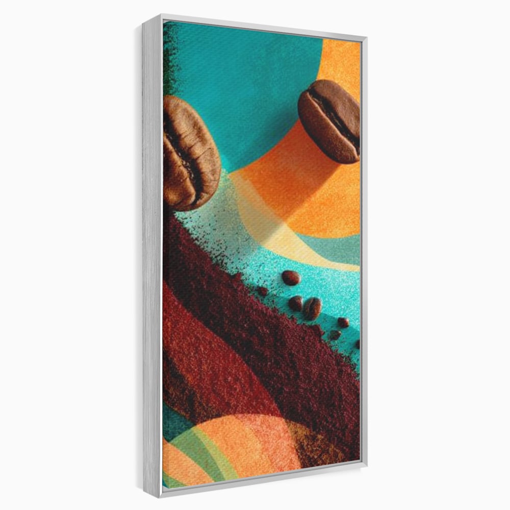 Tablou canvas cu tablou abstract cu boabe de cafea, in rama de aluminiu argintiu