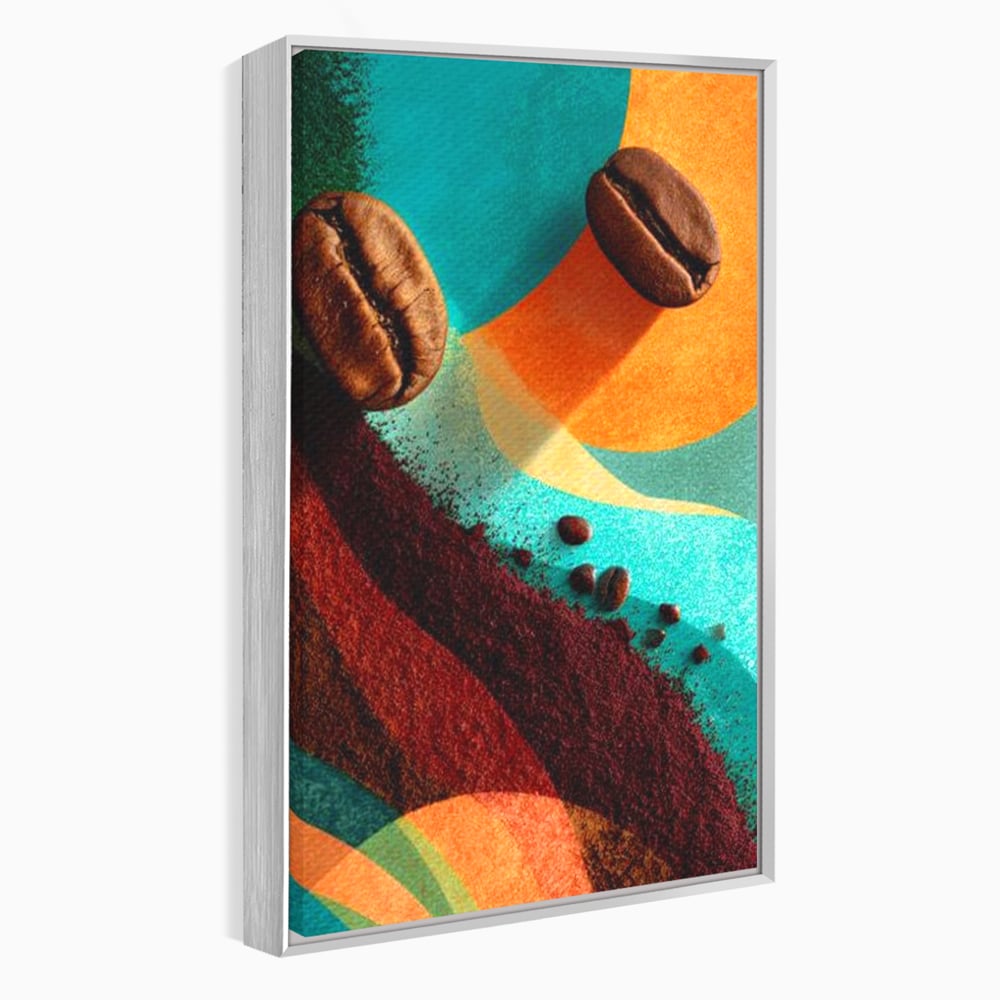 Tablou canvas cu tablou abstract cu boabe de cafea, in rama de aluminiu argintiu