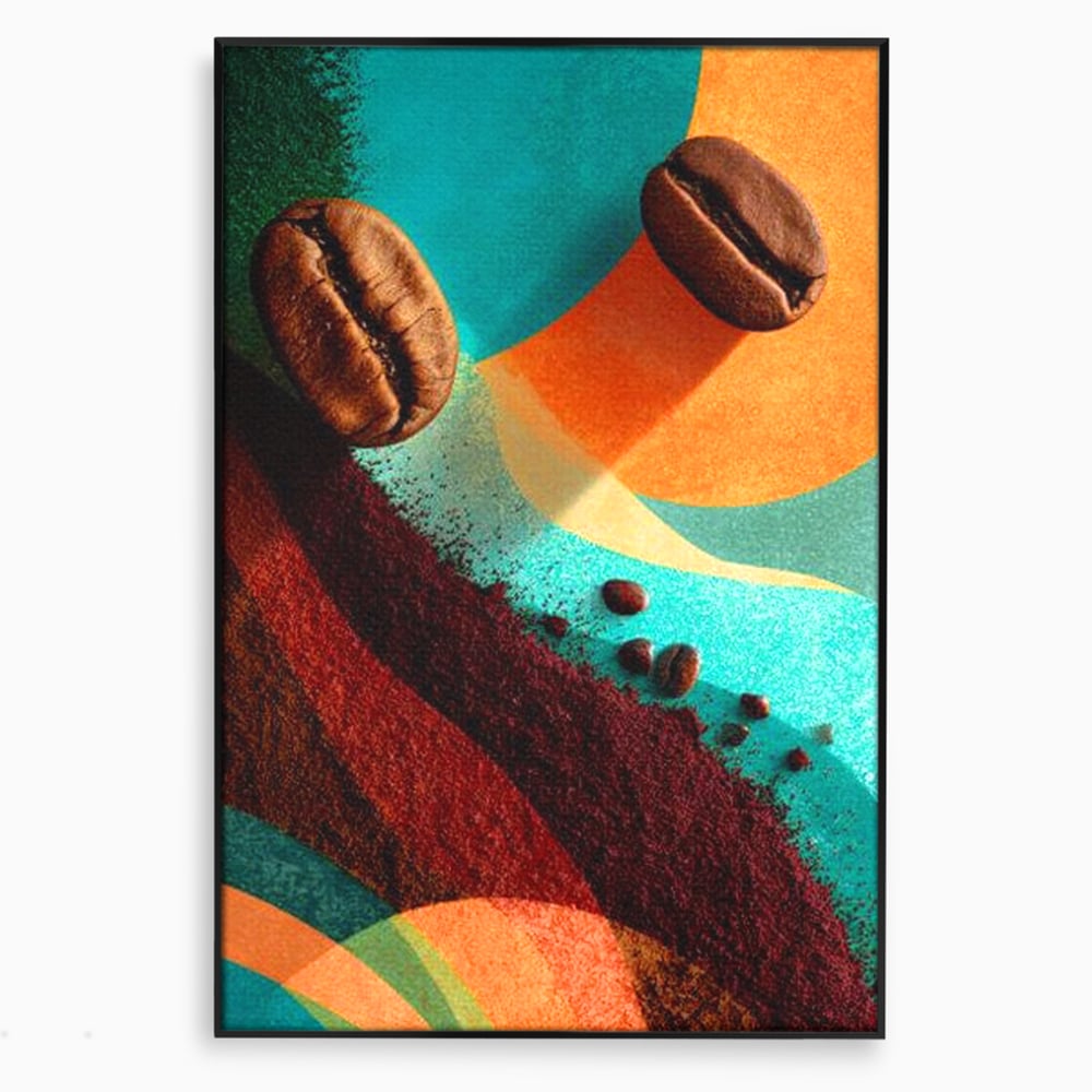 Tablou canvas cu tablou abstract cu boabe de cafea, in rama de aluminiu negru