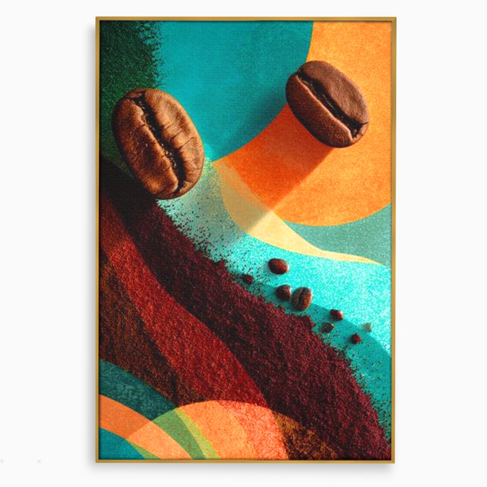 Tablou canvas cu tablou abstract cu boabe de cafea, in rama de aluminiu auriu