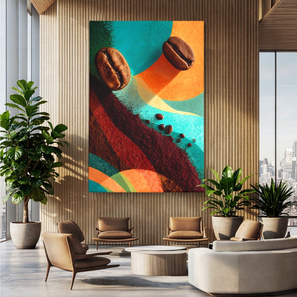 Tablou canvas cu tablou abstract cu boabe de cafea, fara rama, pe sasiu de lemn, pe perete intr-un birou