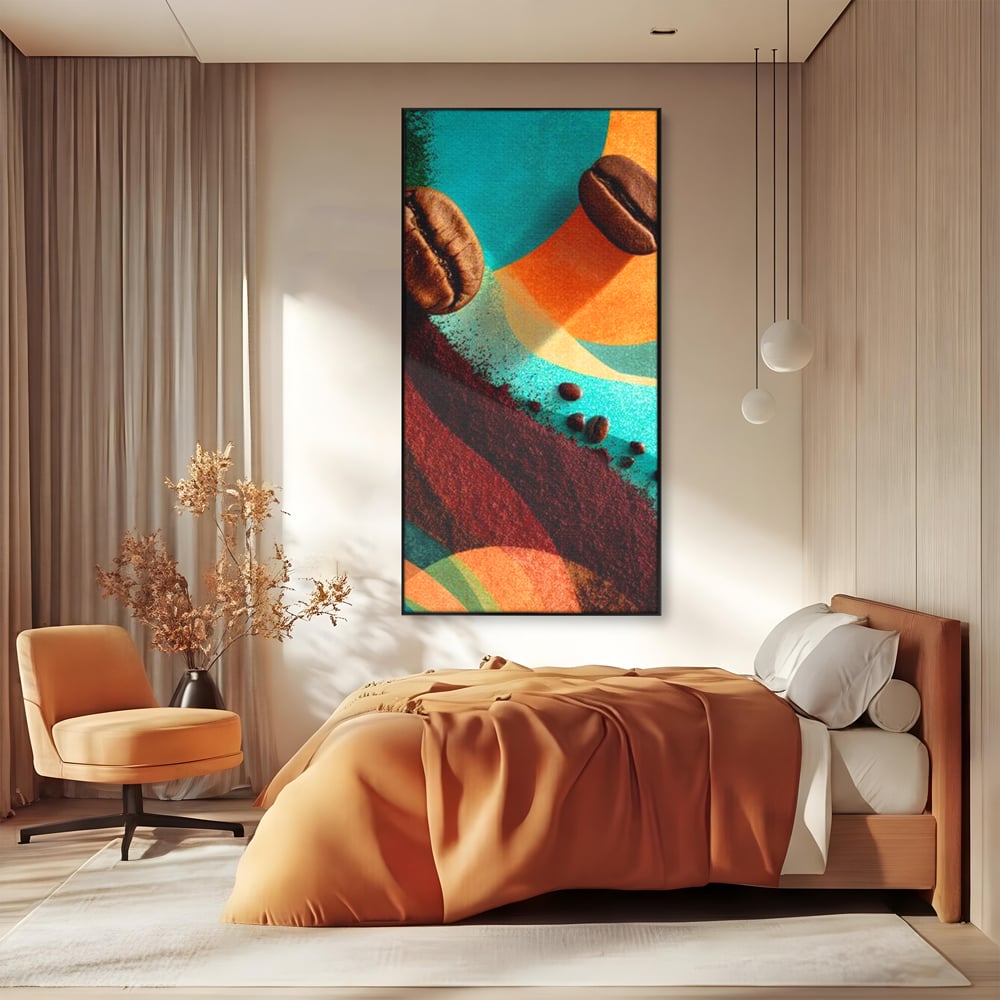 Tablou canvas cu tablou abstract cu boabe de cafea, in rama de aluminiu negru, pe perete intr-un dormitor