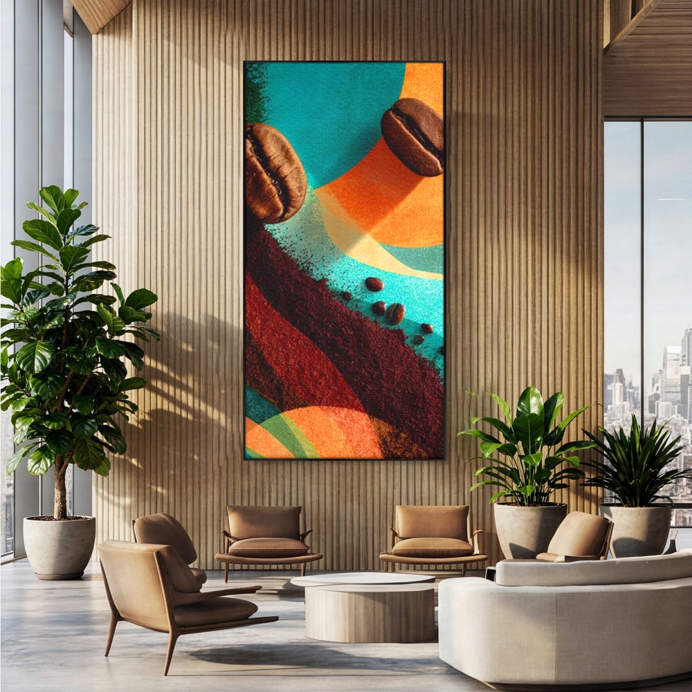 Tablou canvas cu tablou abstract cu boabe de cafea, in rama de aluminiu negru, pe perete intr-un birou